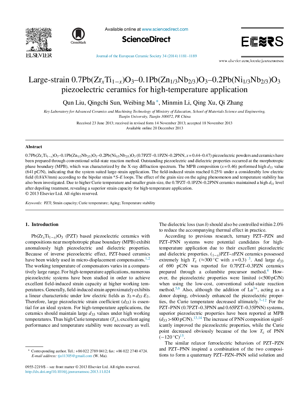 Large-strain 0.7Pb(ZrxTi1−x)O3–0.1Pb(Zn1/3Nb2/3)O3–0.2Pb(Ni1/3Nb2/3)O3 piezoelectric ceramics for high-temperature application