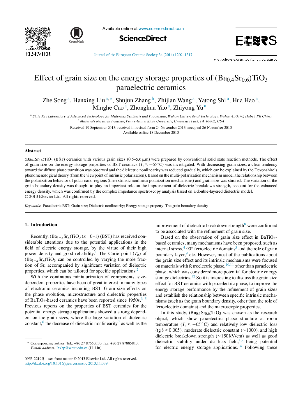 Effect of grain size on the energy storage properties of (Ba0.4Sr0.6)TiO3 paraelectric ceramics