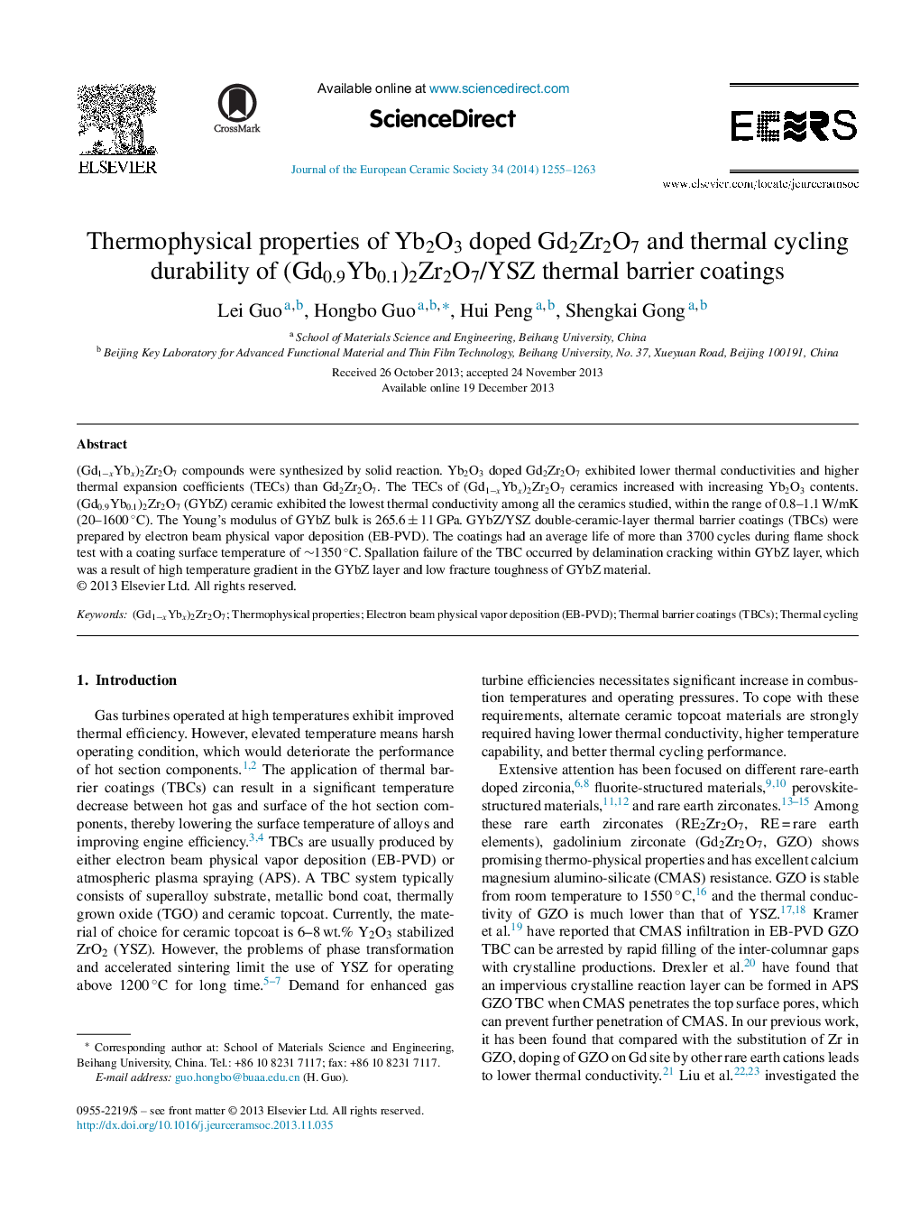 Thermophysical properties of Yb2O3 doped Gd2Zr2O7 and thermal cycling durability of (Gd0.9Yb0.1)2Zr2O7/YSZ thermal barrier coatings