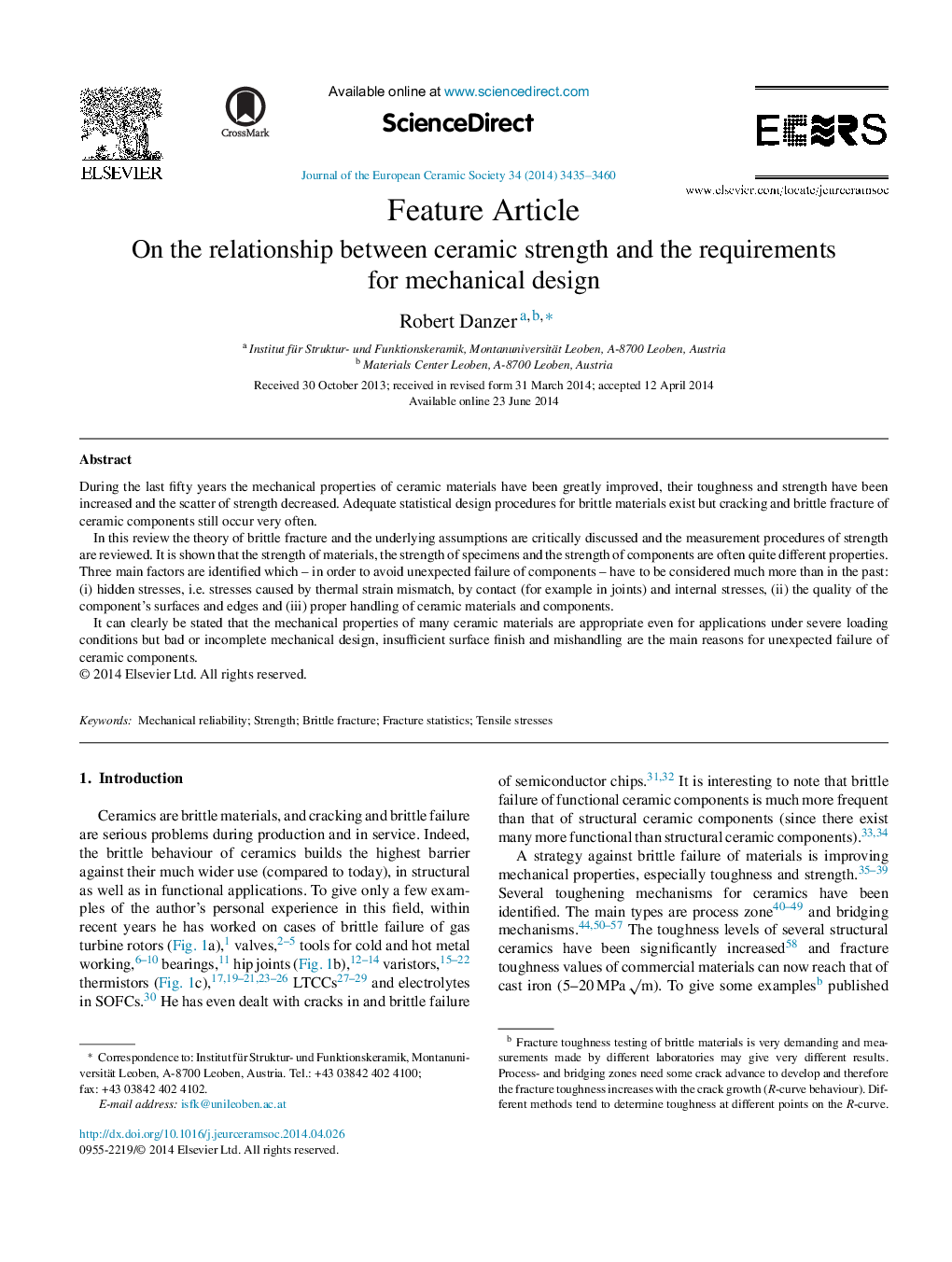 On the relationship between ceramic strength and the requirements for mechanical design