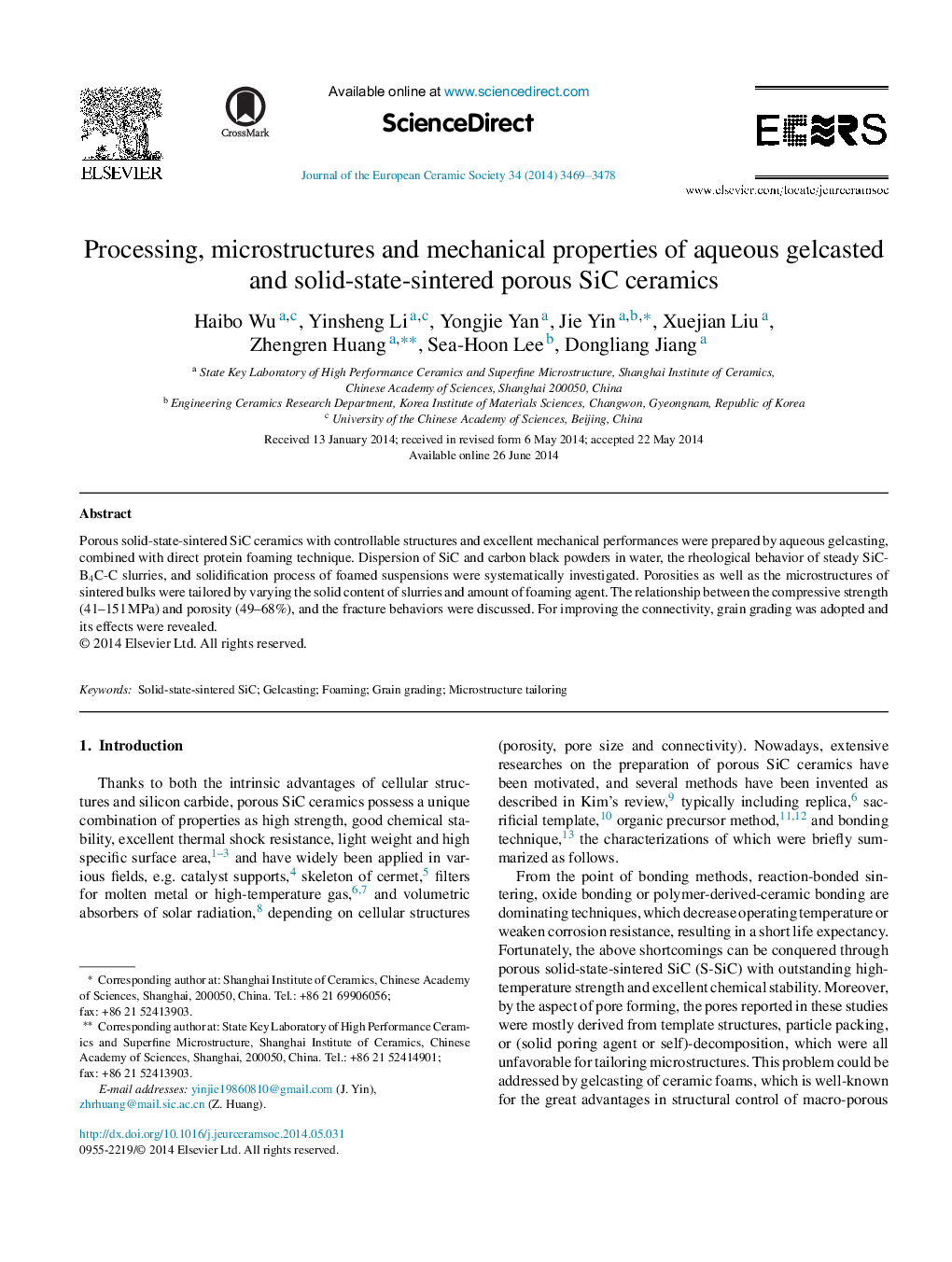 Processing, microstructures and mechanical properties of aqueous gelcasted and solid-state-sintered porous SiC ceramics