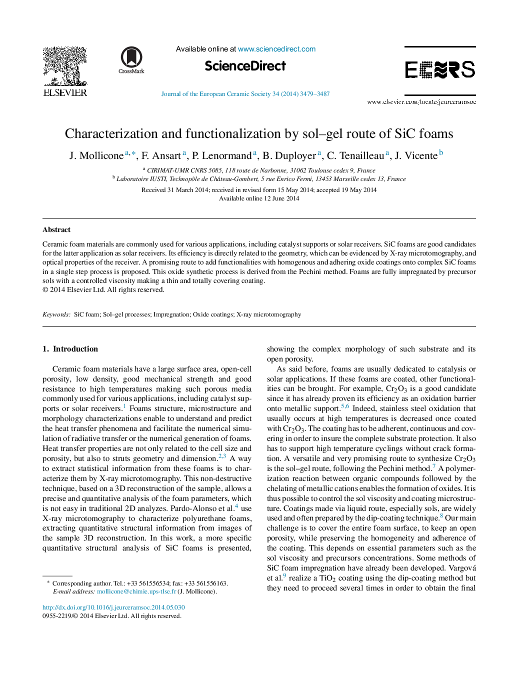 Characterization and functionalization by sol–gel route of SiC foams