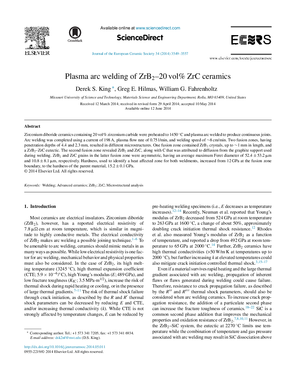 Plasma arc welding of ZrB2–20 vol% ZrC ceramics