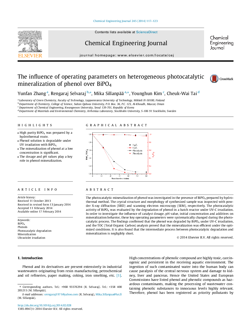 The influence of operating parameters on heterogeneous photocatalytic mineralization of phenol over BiPO4