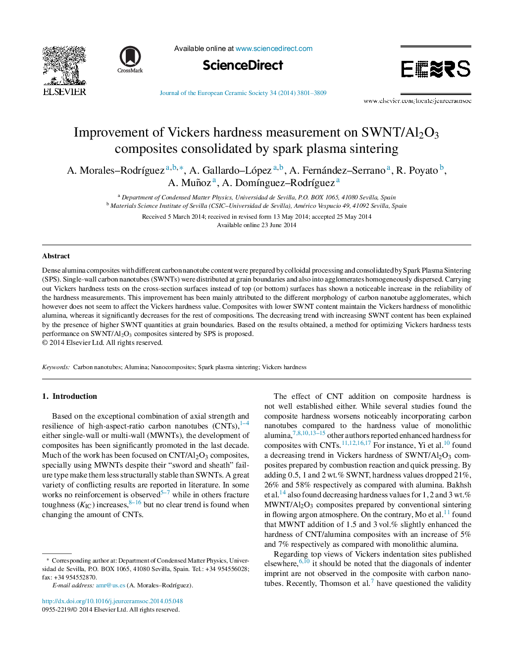 Improvement of Vickers hardness measurement on SWNT/Al2O3 composites consolidated by spark plasma sintering