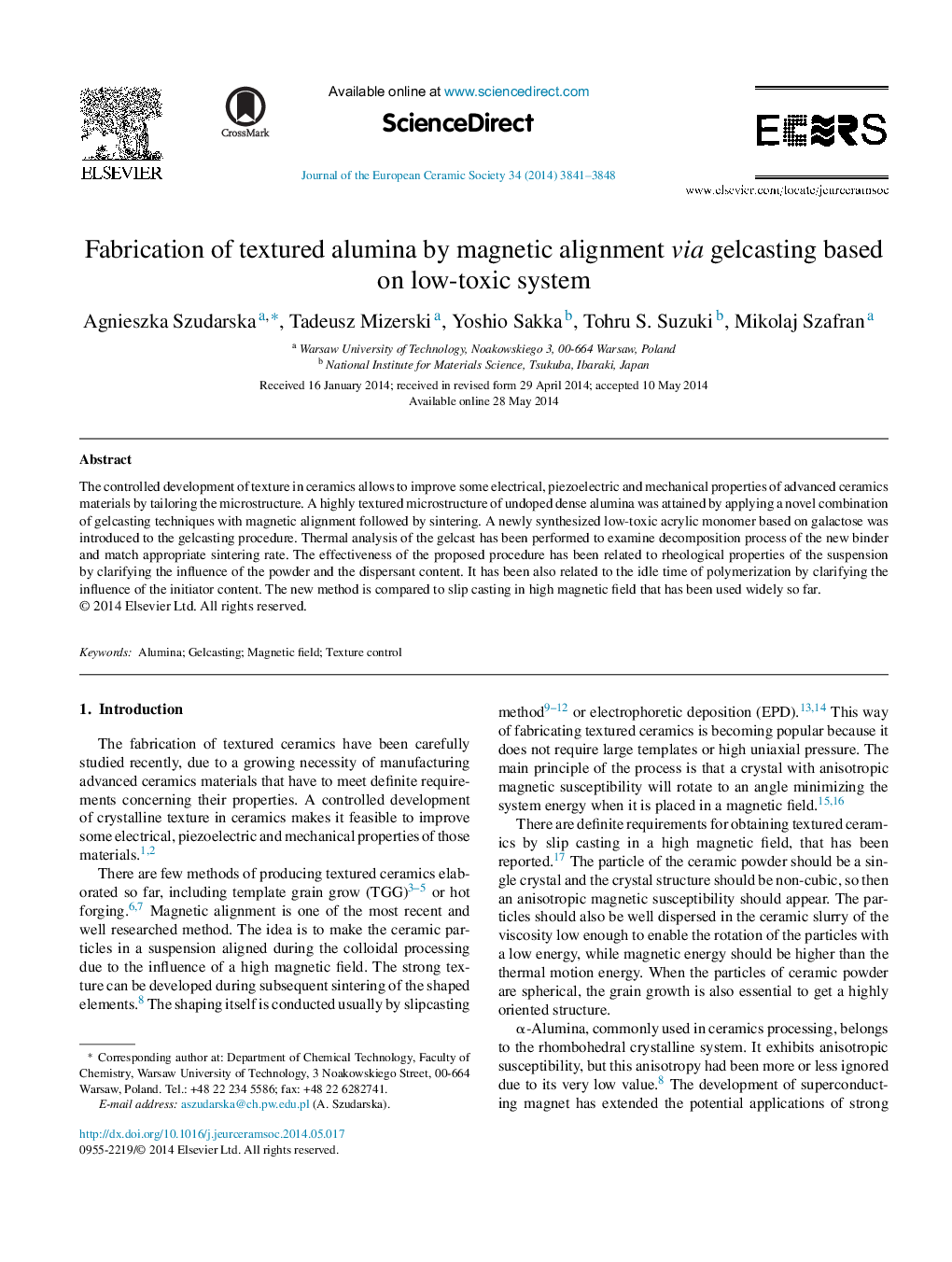 Fabrication of textured alumina by magnetic alignment via gelcasting based on low-toxic system