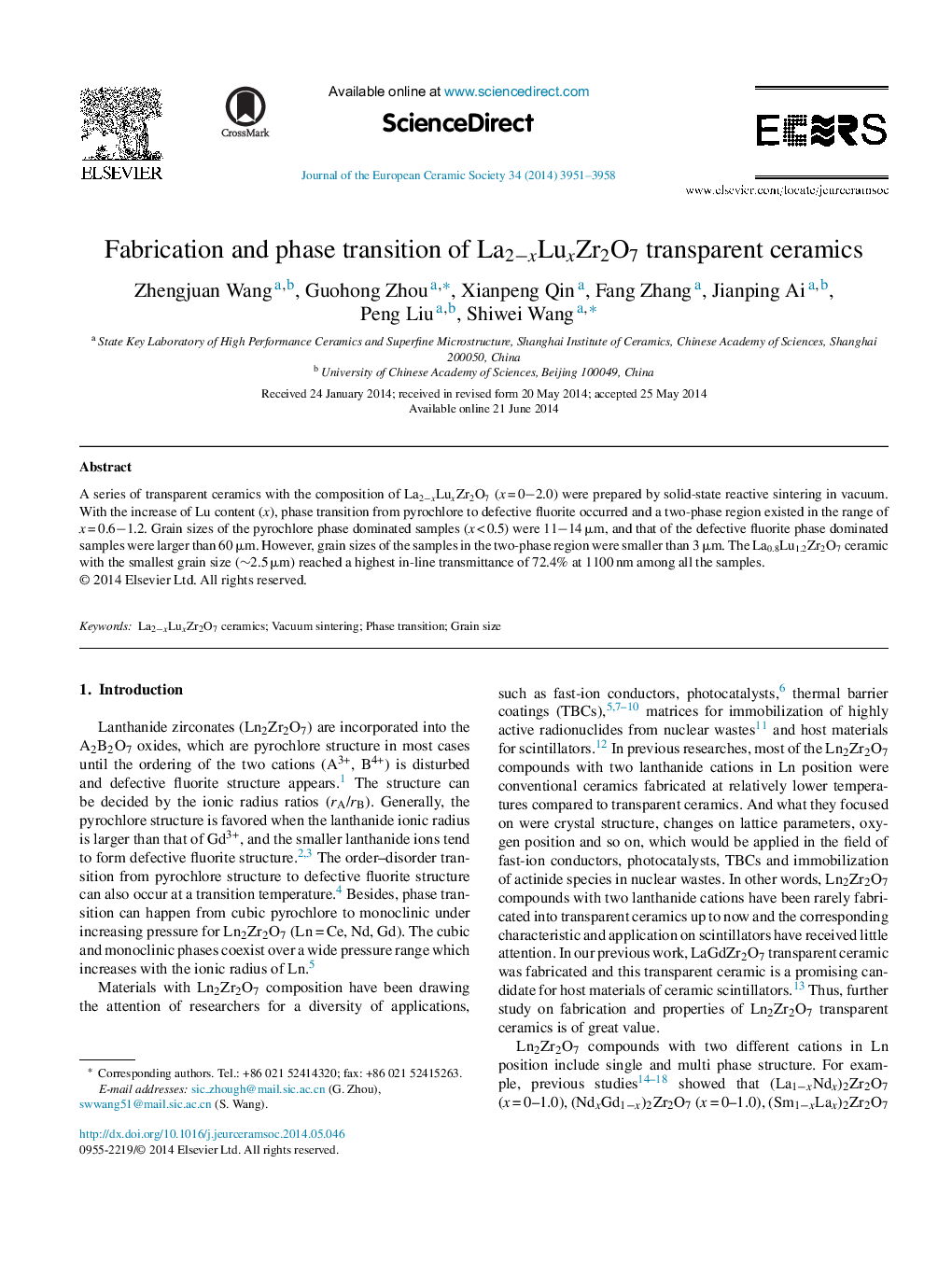 Fabrication and phase transition of La2−xLuxZr2O7 transparent ceramics