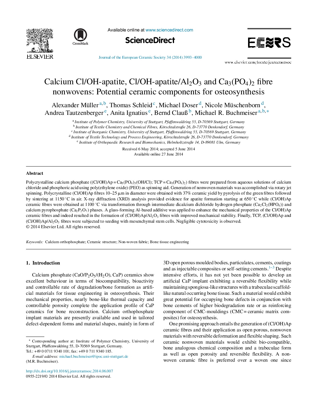 Calcium Cl/OH-apatite, Cl/OH-apatite/Al2O3 and Ca3(PO4)2 fibre nonwovens: Potential ceramic components for osteosynthesis