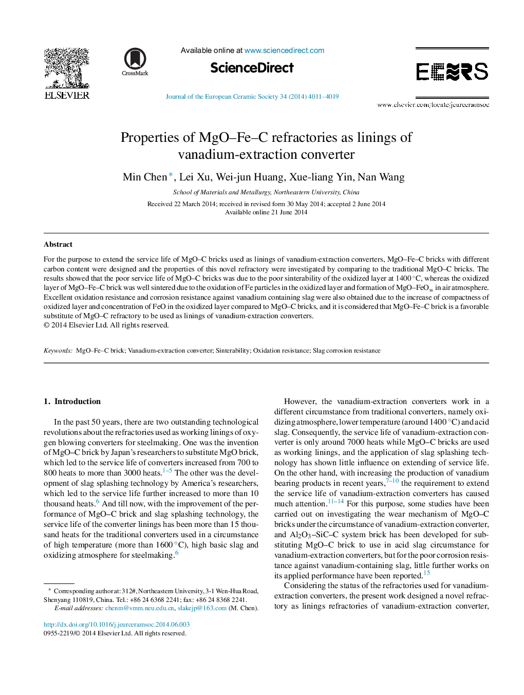 Properties of MgO–Fe–C refractories as linings of vanadium-extraction converter