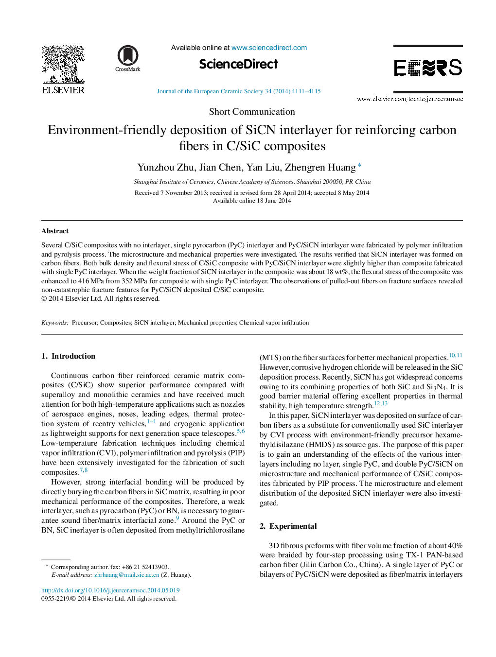 Environment-friendly deposition of SiCN interlayer for reinforcing carbon fibers in C/SiC composites