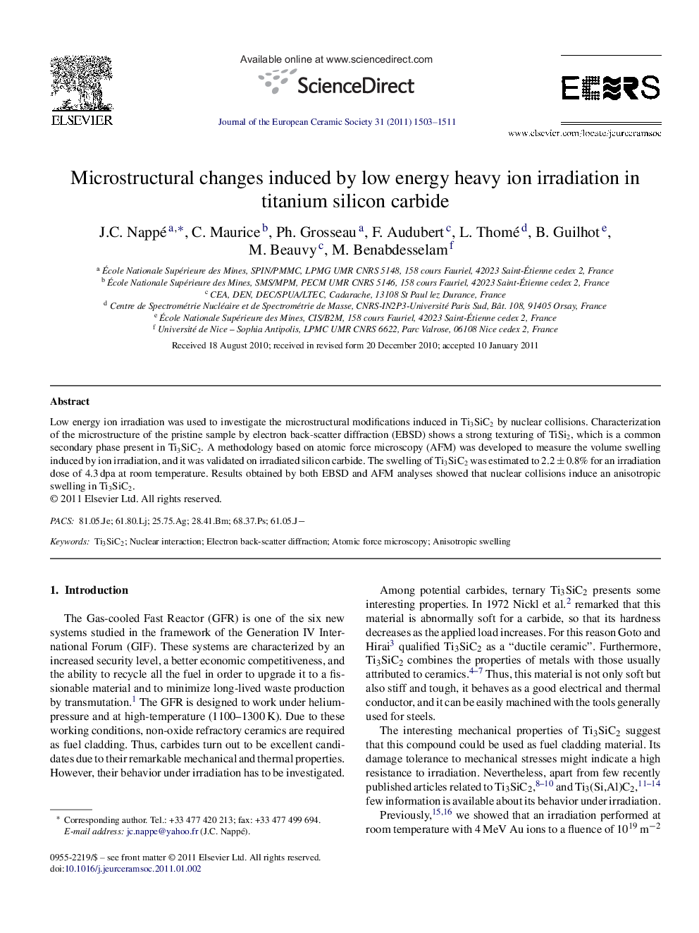 Microstructural changes induced by low energy heavy ion irradiation in titanium silicon carbide