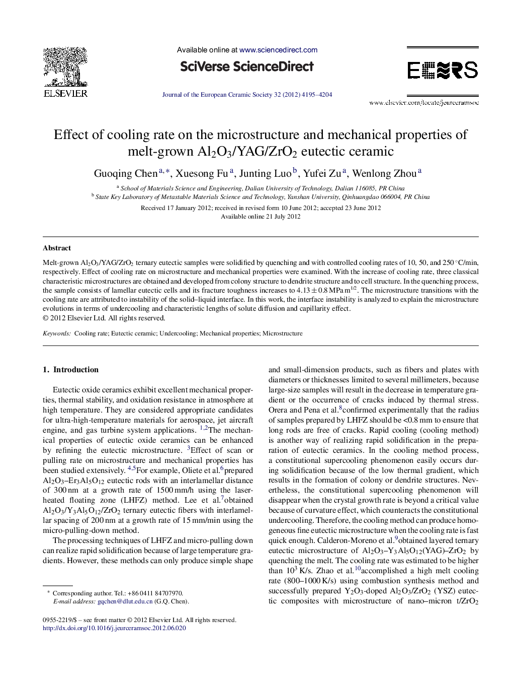 Effect of cooling rate on the microstructure and mechanical properties of melt-grown Al2O3/YAG/ZrO2 eutectic ceramic