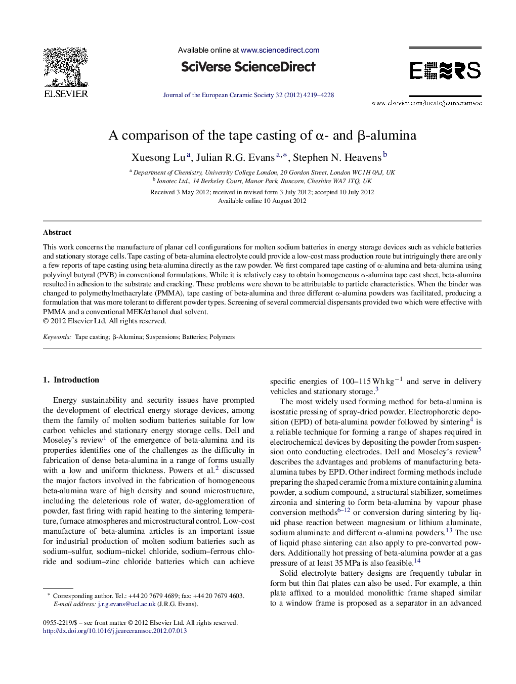 A comparison of the tape casting of α- and β-alumina