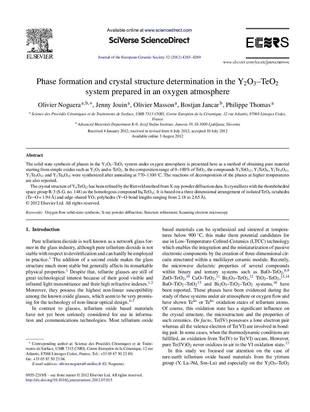 Phase formation and crystal structure determination in the Y2O3–TeO2 system prepared in an oxygen atmosphere