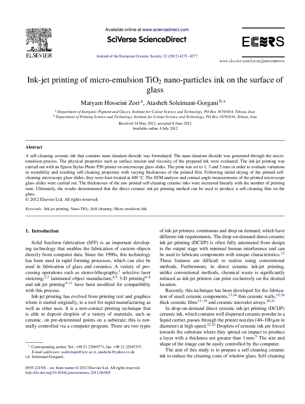 Ink-jet printing of micro-emulsion TiO2 nano-particles ink on the surface of glass