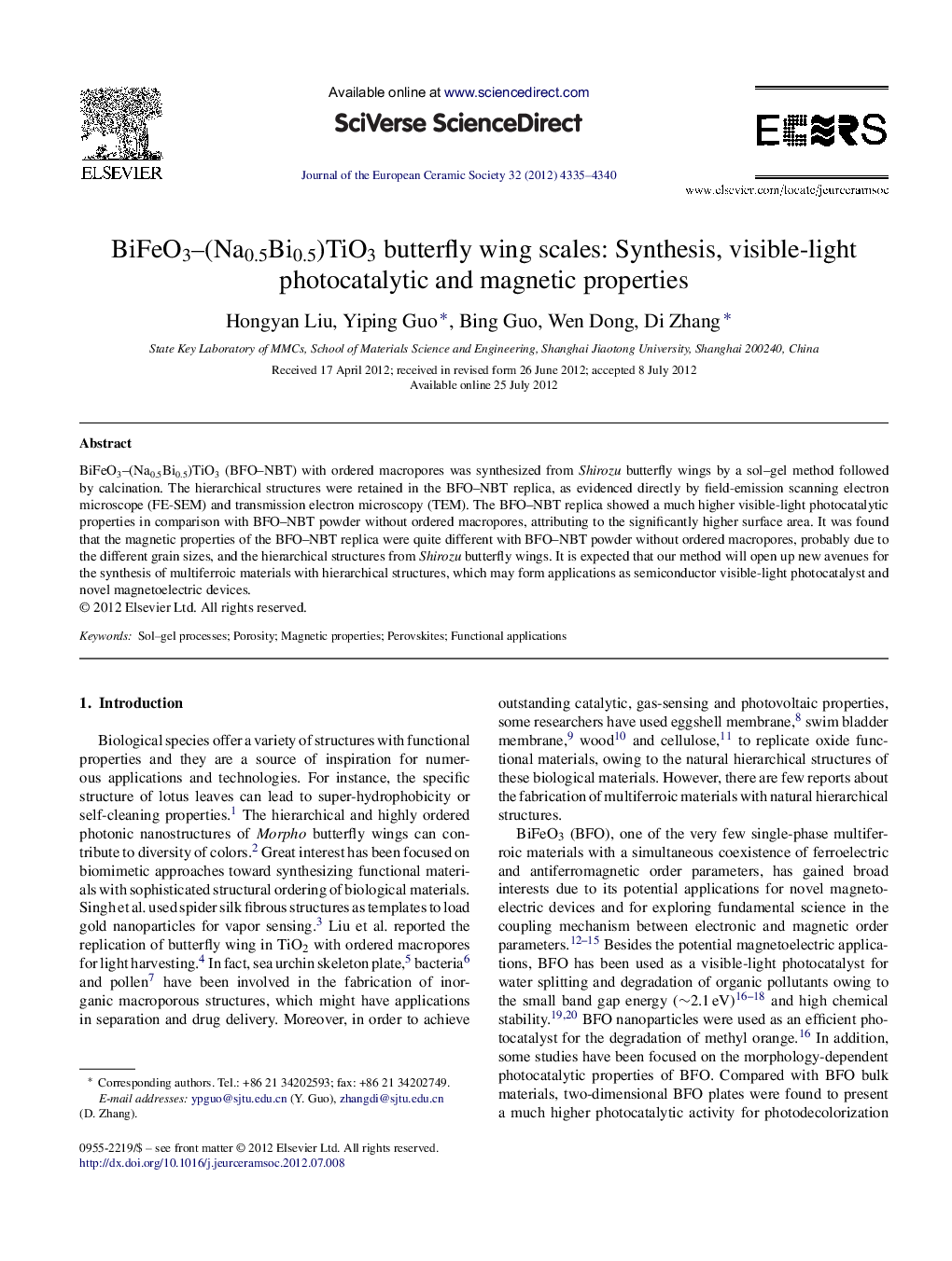 BiFeO3–(Na0.5Bi0.5)TiO3 butterfly wing scales: Synthesis, visible-light photocatalytic and magnetic properties