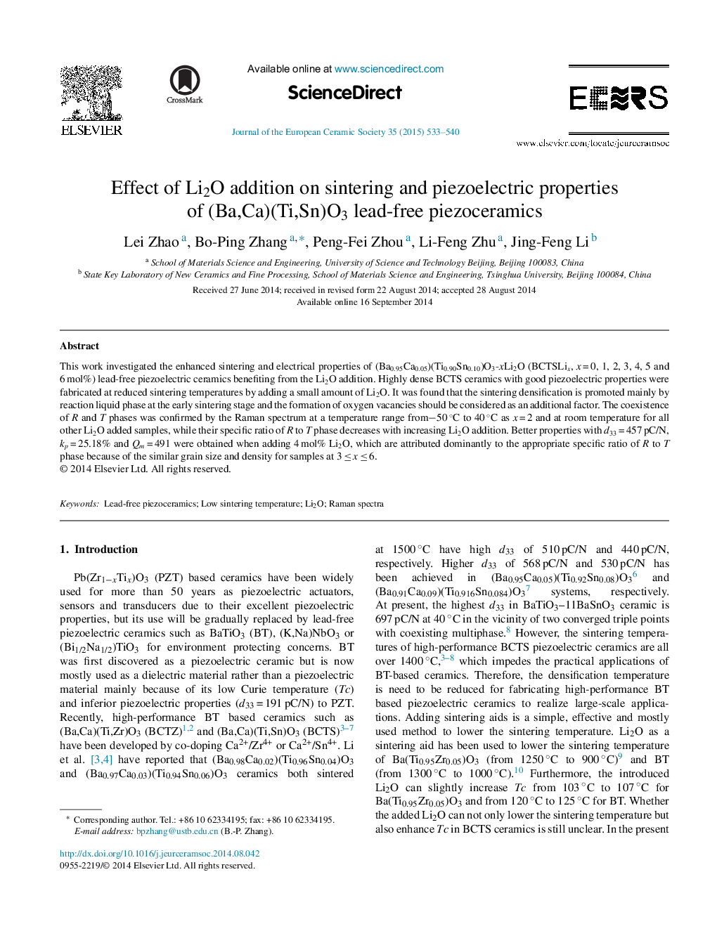 Effect of Li2O addition on sintering and piezoelectric properties of (Ba,Ca)(Ti,Sn)O3 lead-free piezoceramics