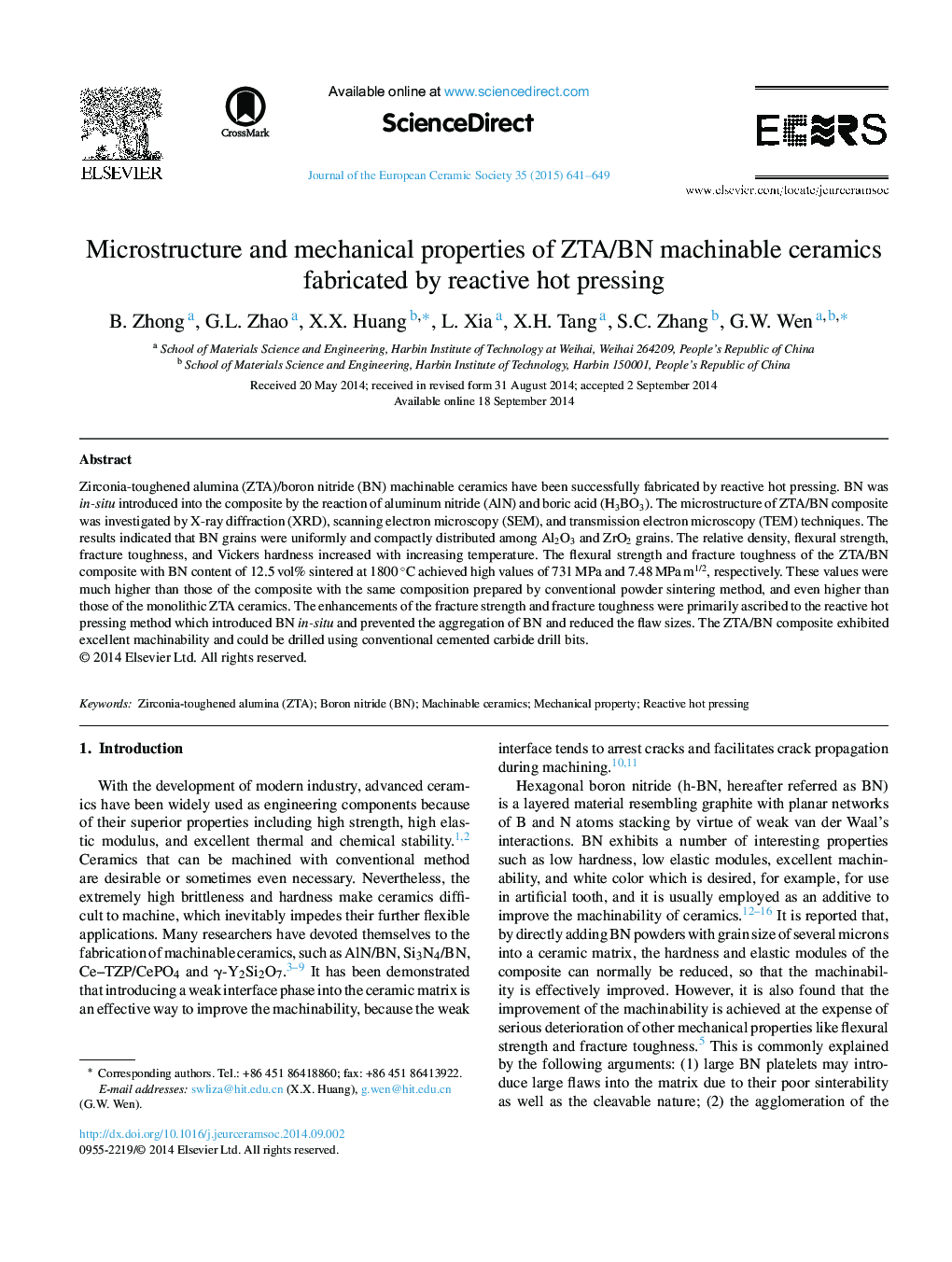 Microstructure and mechanical properties of ZTA/BN machinable ceramics fabricated by reactive hot pressing