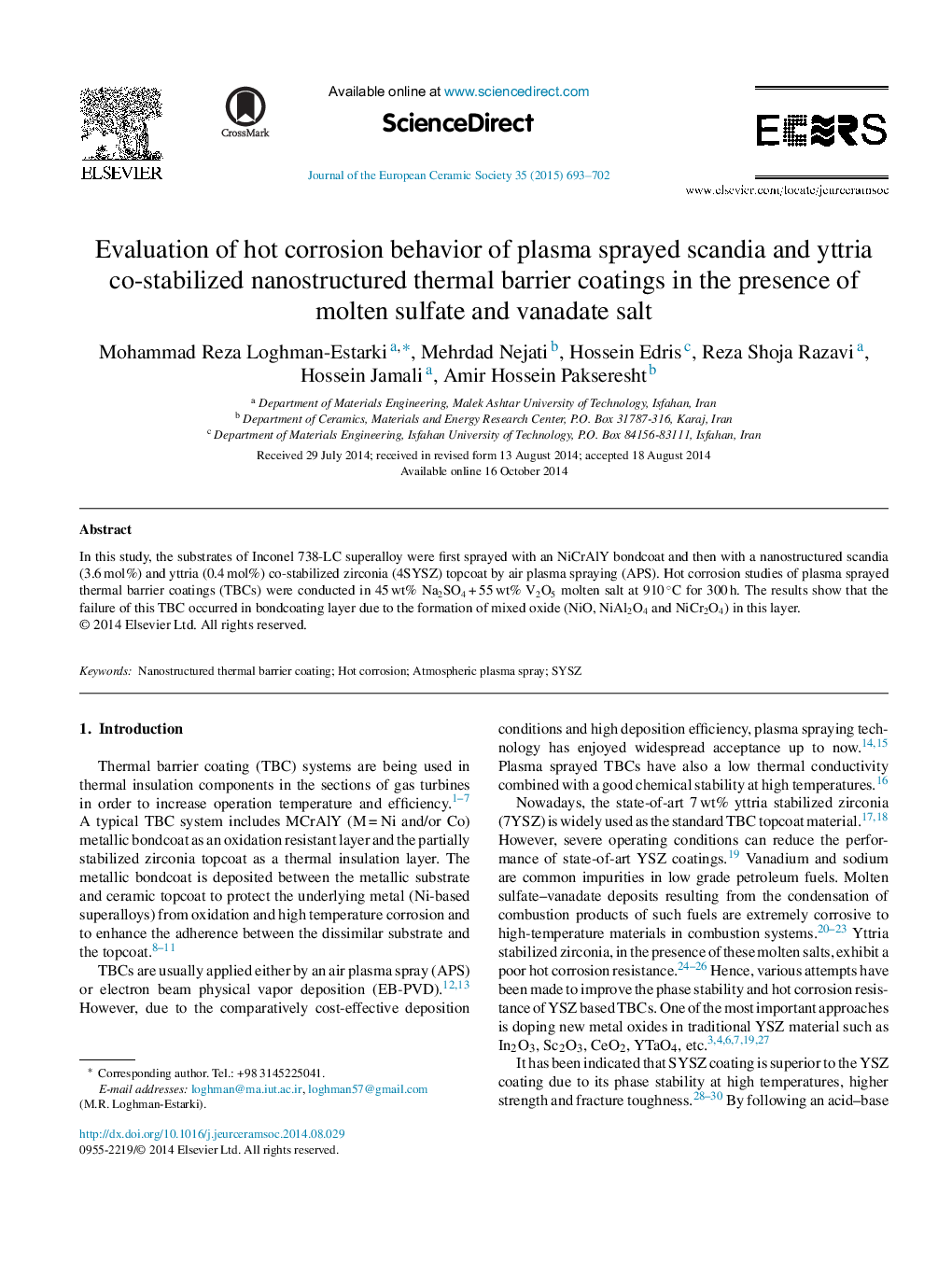 Evaluation of hot corrosion behavior of plasma sprayed scandia and yttria co-stabilized nanostructured thermal barrier coatings in the presence of molten sulfate and vanadate salt