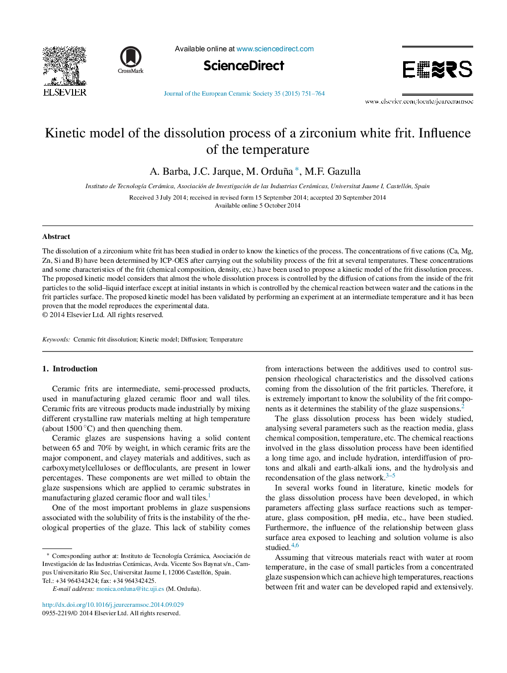 Kinetic model of the dissolution process of a zirconium white frit. Influence of the temperature