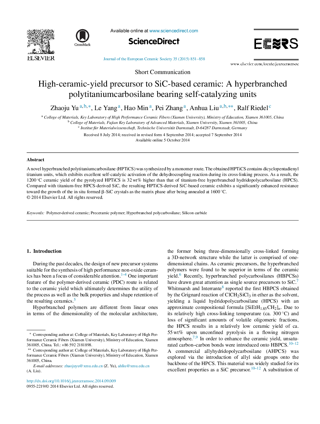 High-ceramic-yield precursor to SiC-based ceramic: A hyperbranched polytitaniumcarbosilane bearing self-catalyzing units