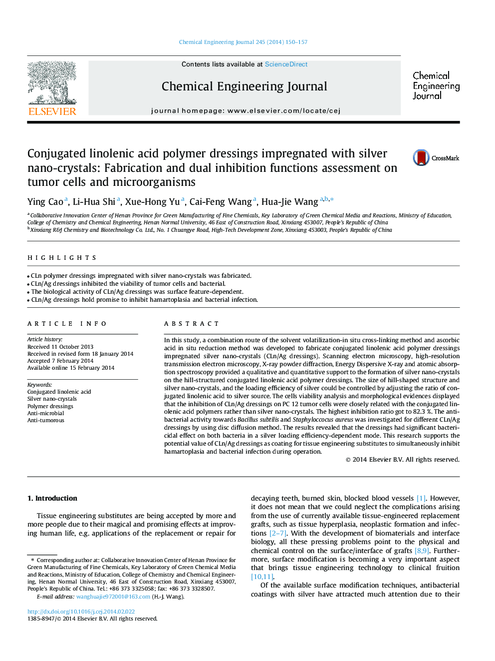 Conjugated linolenic acid polymer dressings impregnated with silver nano-crystals: Fabrication and dual inhibition functions assessment on tumor cells and microorganisms