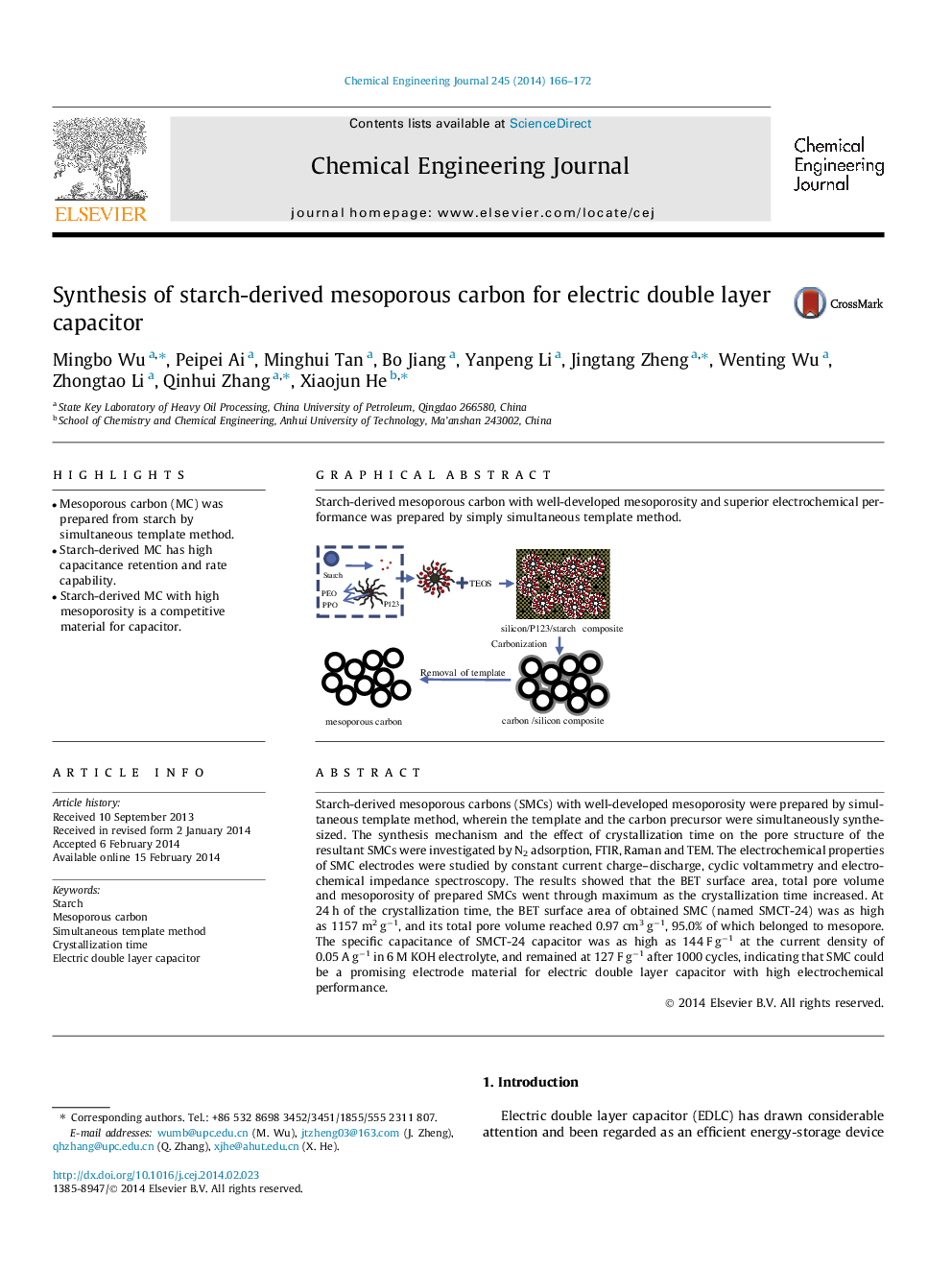 Synthesis of starch-derived mesoporous carbon for electric double layer capacitor