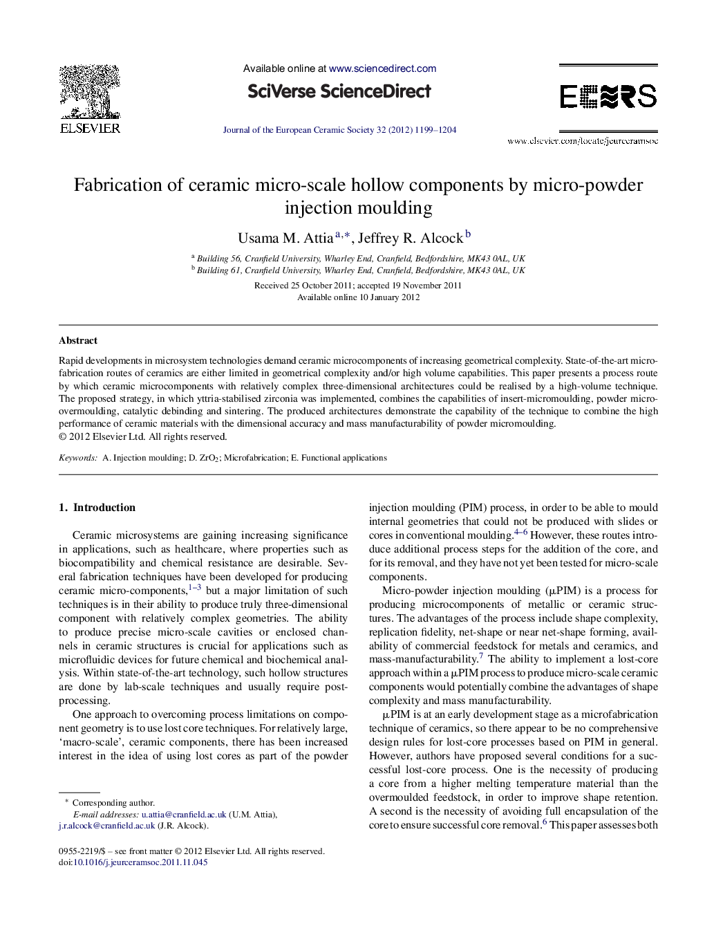 Fabrication of ceramic micro-scale hollow components by micro-powder injection moulding