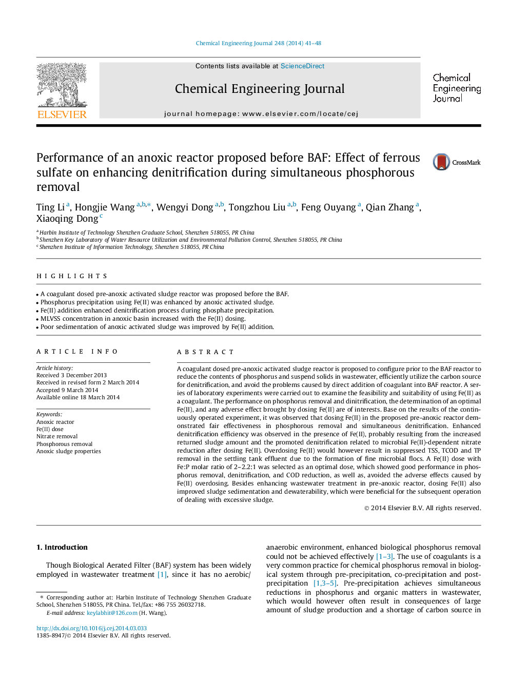 Performance of an anoxic reactor proposed before BAF: Effect of ferrous sulfate on enhancing denitrification during simultaneous phosphorous removal