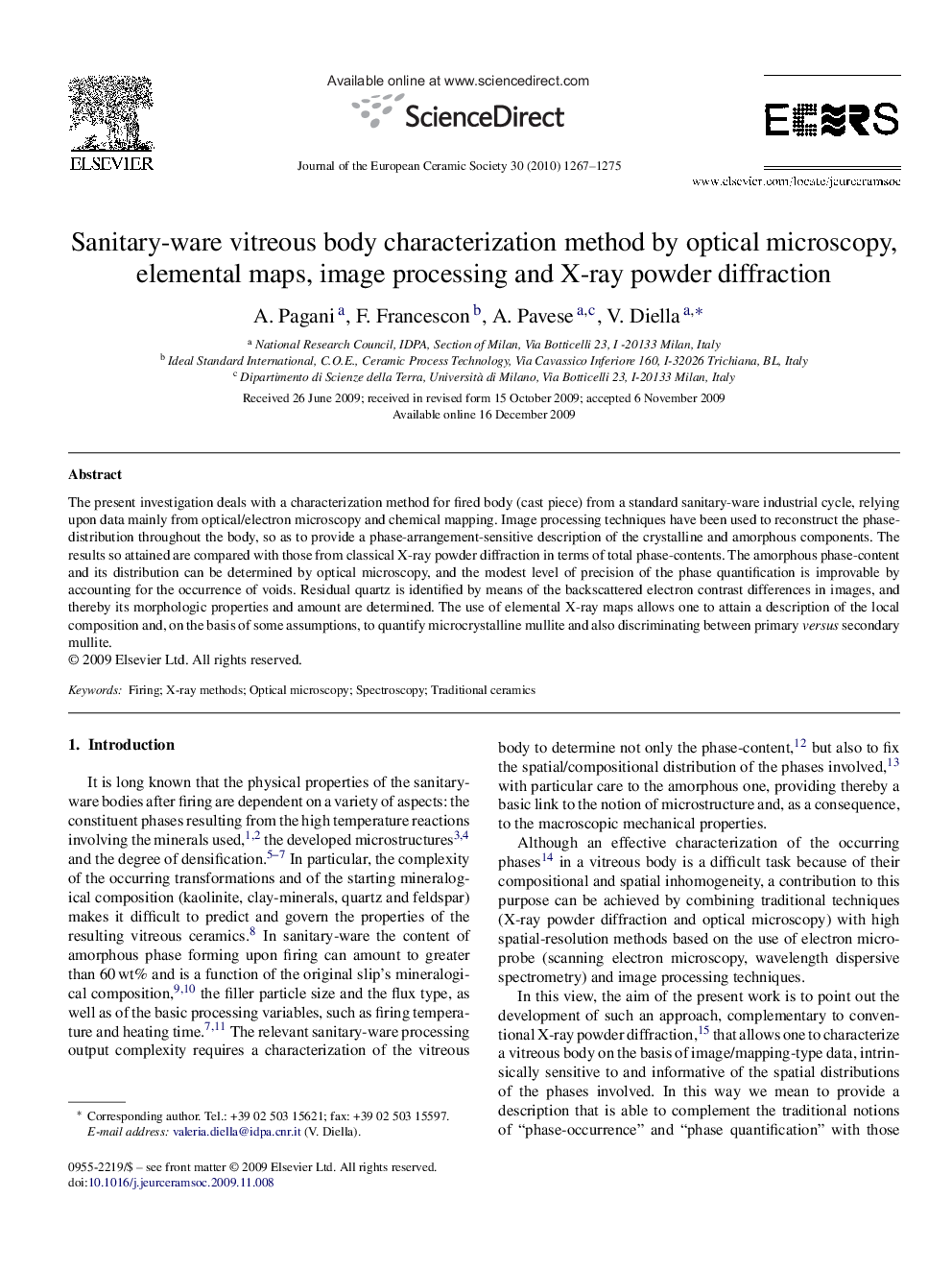 Sanitary-ware vitreous body characterization method by optical microscopy, elemental maps, image processing and X-ray powder diffraction