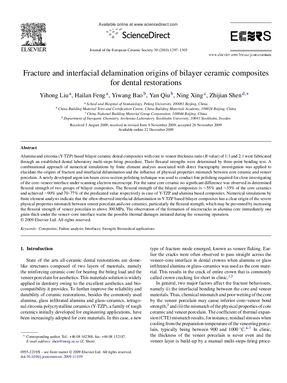 عکس صفحه اول مقاله: Fracture and interfacial delamination origins of bilayer ceramic composites for dental restorations Fracture and interfacial delamination origins of bilayer ceramic composites for dental restorations