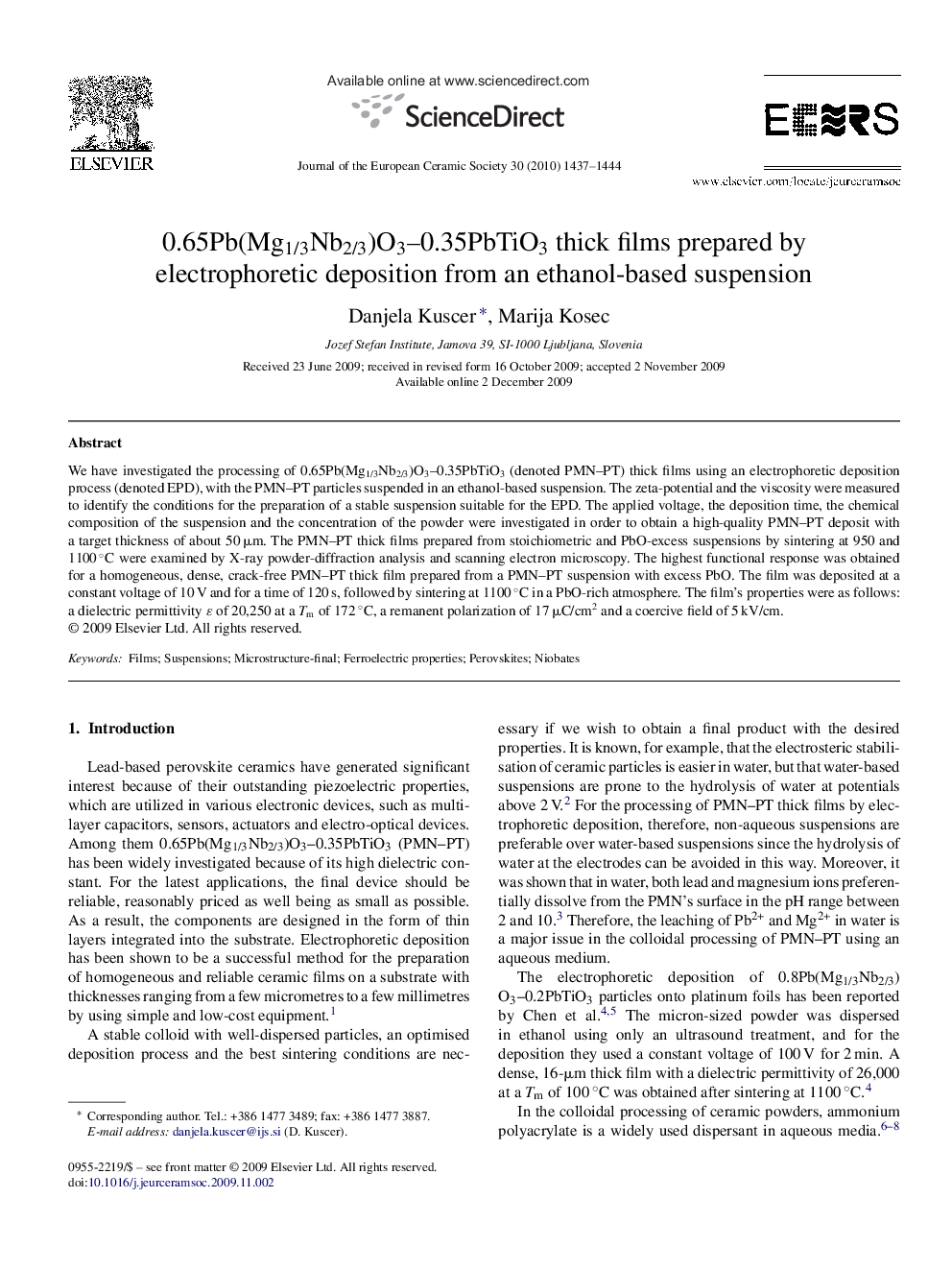 0.65Pb(Mg1/3Nb2/3)O3-0.35PbTiO3 thick films prepared by electrophoretic deposition from an ethanol-based suspension