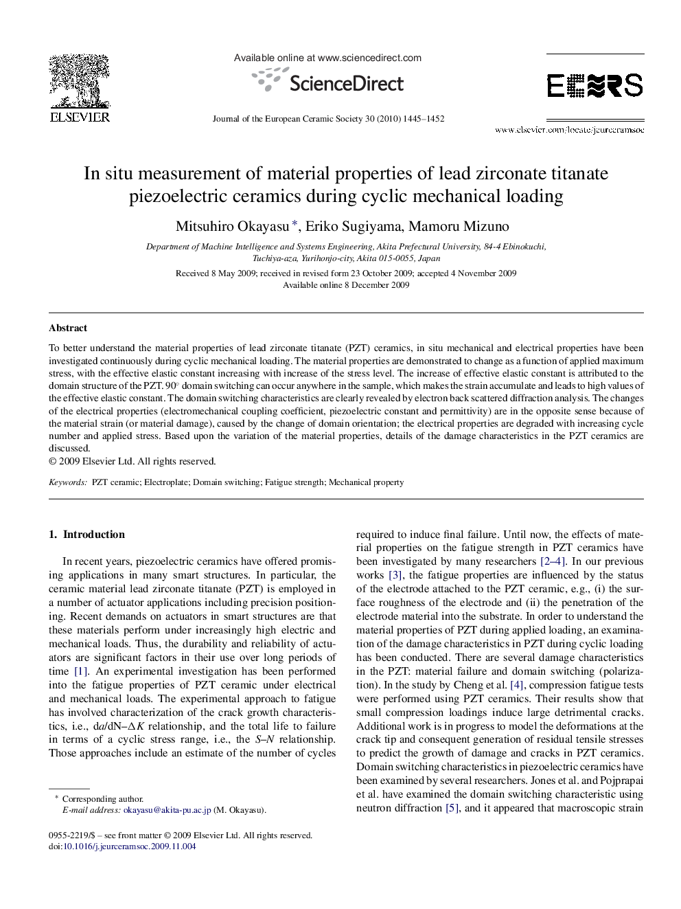 In situ measurement of material properties of lead zirconate titanate piezoelectric ceramics during cyclic mechanical loading