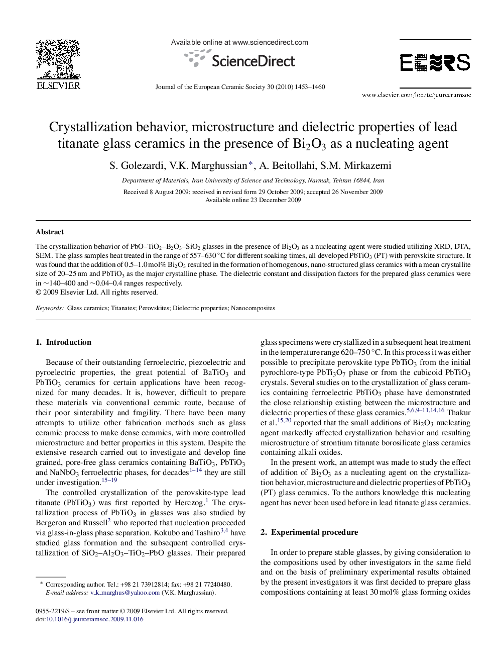 Crystallization behavior, microstructure and dielectric properties of lead titanate glass ceramics in the presence of Bi2O3 as a nucleating agent