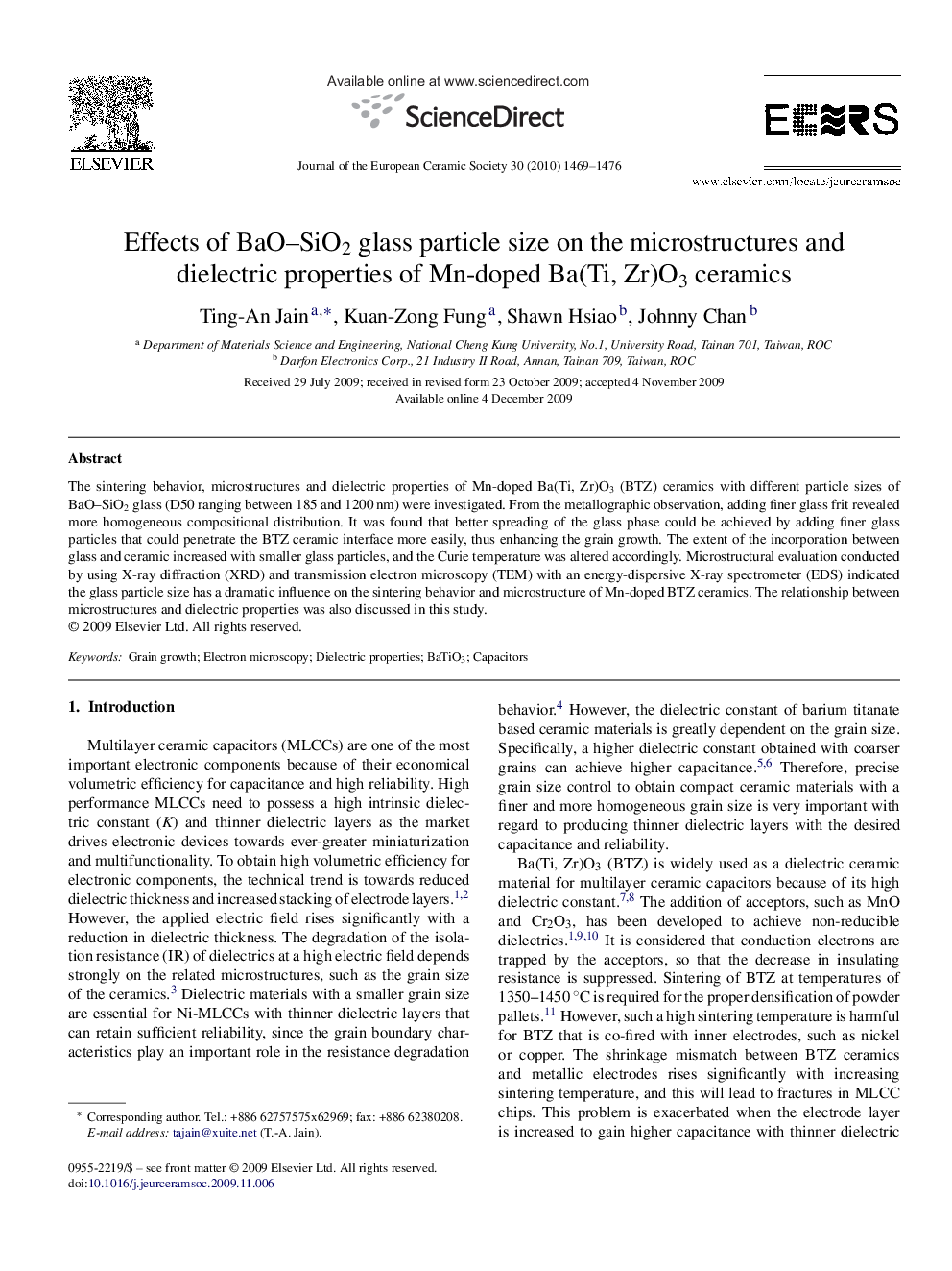 Effects of BaO–SiO2 glass particle size on the microstructures and dielectric properties of Mn-doped Ba(Ti, Zr)O3 ceramics