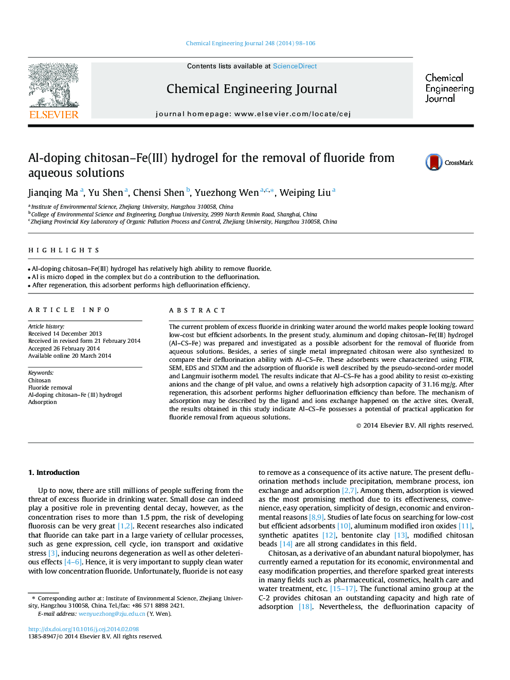 Al-doping chitosan–Fe(III) hydrogel for the removal of fluoride from aqueous solutions