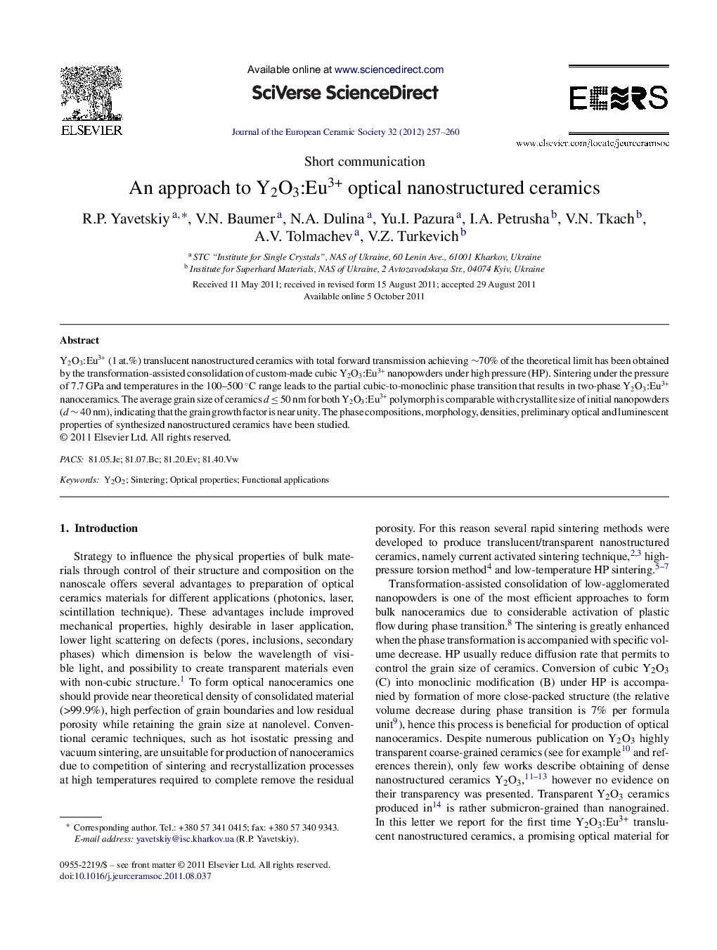 An approach to Y2O3:Eu3+ optical nanostructured ceramics