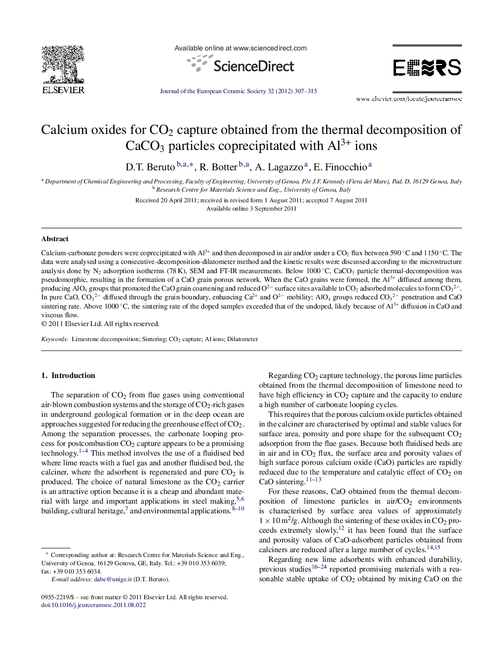 Calcium oxides for CO2 capture obtained from the thermal decomposition of CaCO3 particles coprecipitated with Al3+ ions