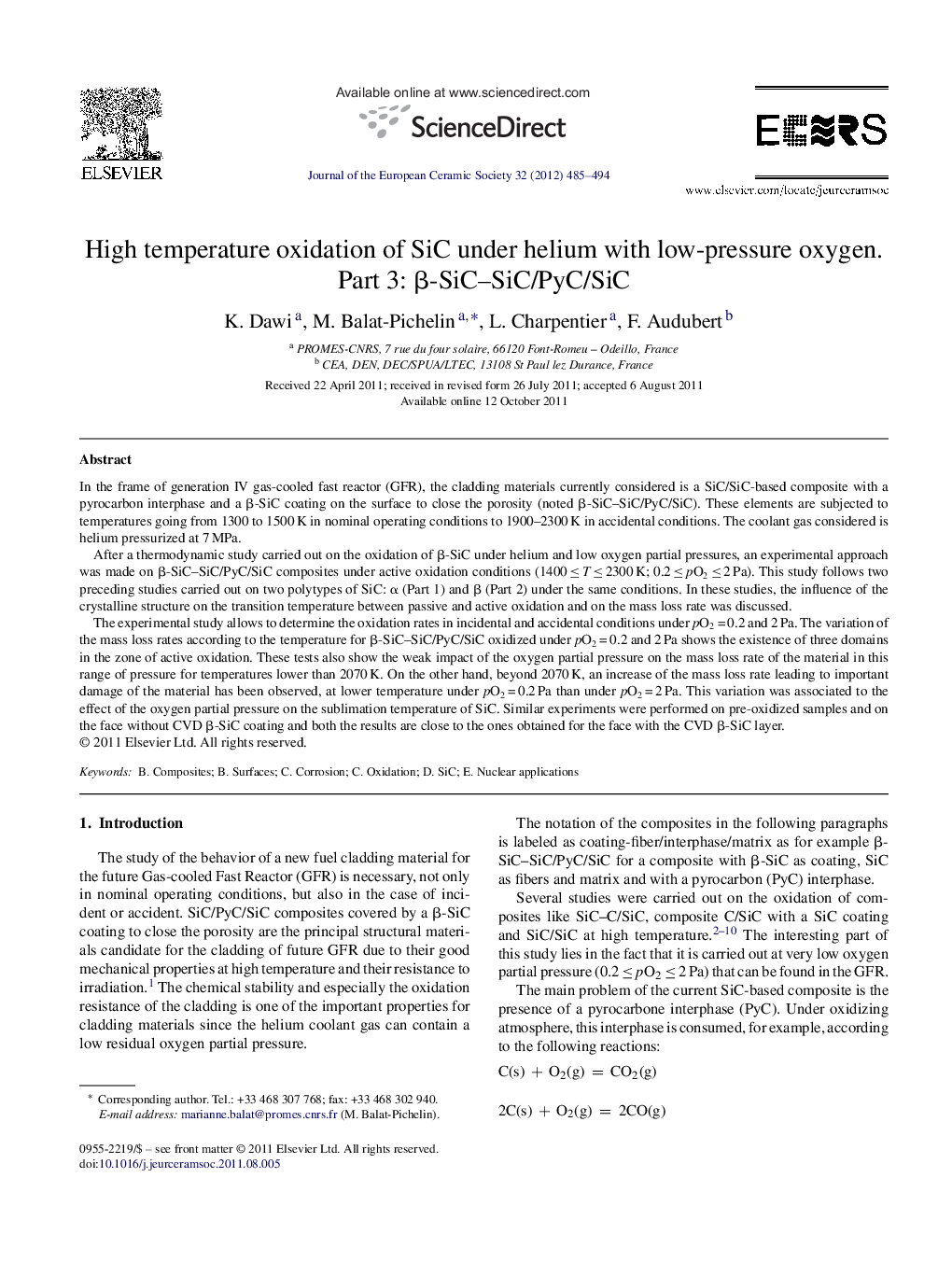 High temperature oxidation of SiC under helium with low-pressure oxygen. Part 3: β-SiC–SiC/PyC/SiC