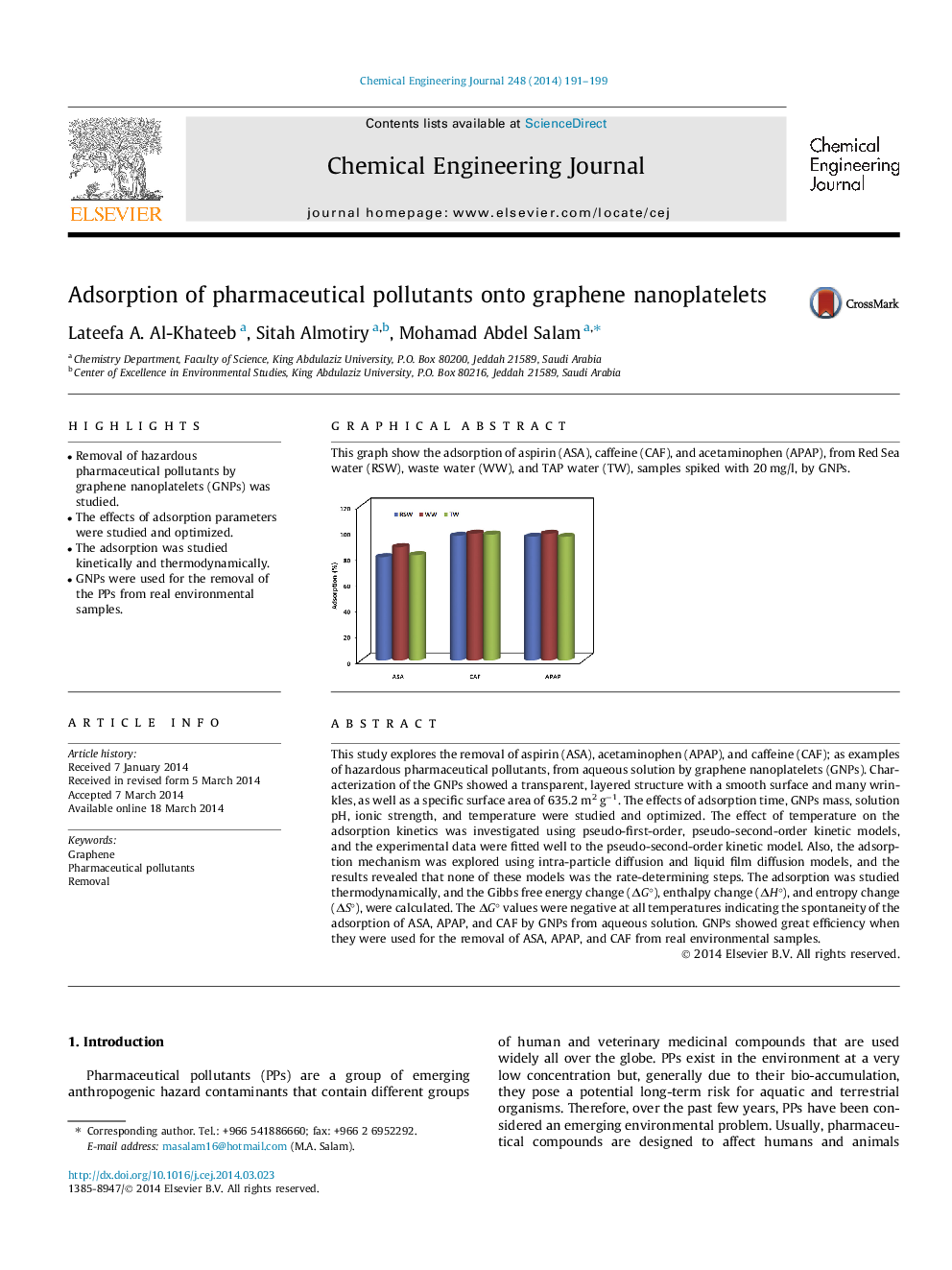 Adsorption of pharmaceutical pollutants onto graphene nanoplatelets