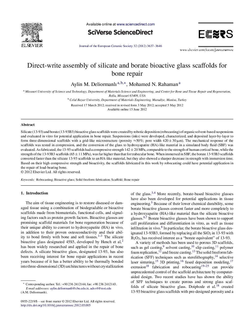 Direct-write assembly of silicate and borate bioactive glass scaffolds for bone repair