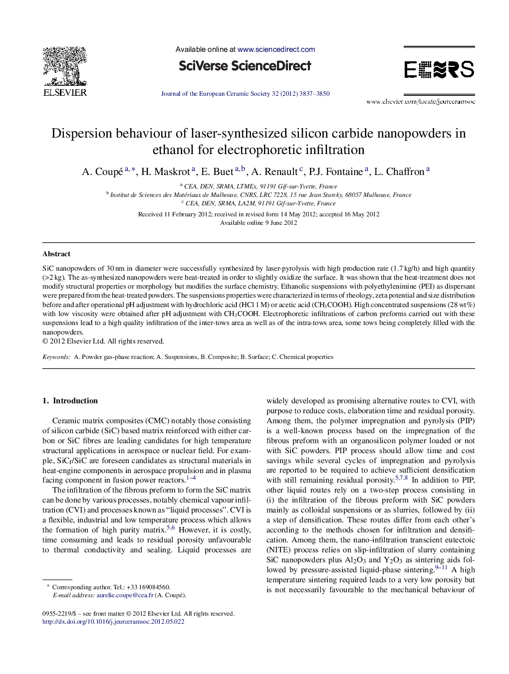 Dispersion behaviour of laser-synthesized silicon carbide nanopowders in ethanol for electrophoretic infiltration