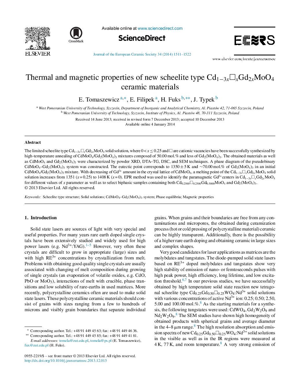 Thermal and magnetic properties of new scheelite type Cd1−3x□xGd2xMoO4 ceramic materials