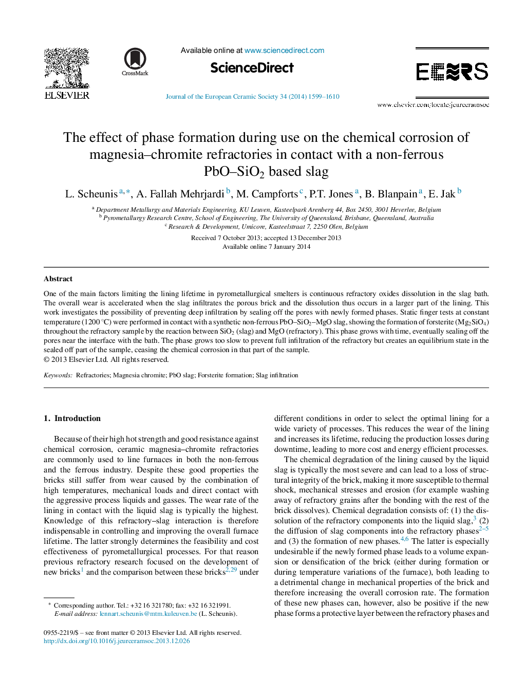 The effect of phase formation during use on the chemical corrosion of magnesia–chromite refractories in contact with a non-ferrous PbO–SiO2 based slag