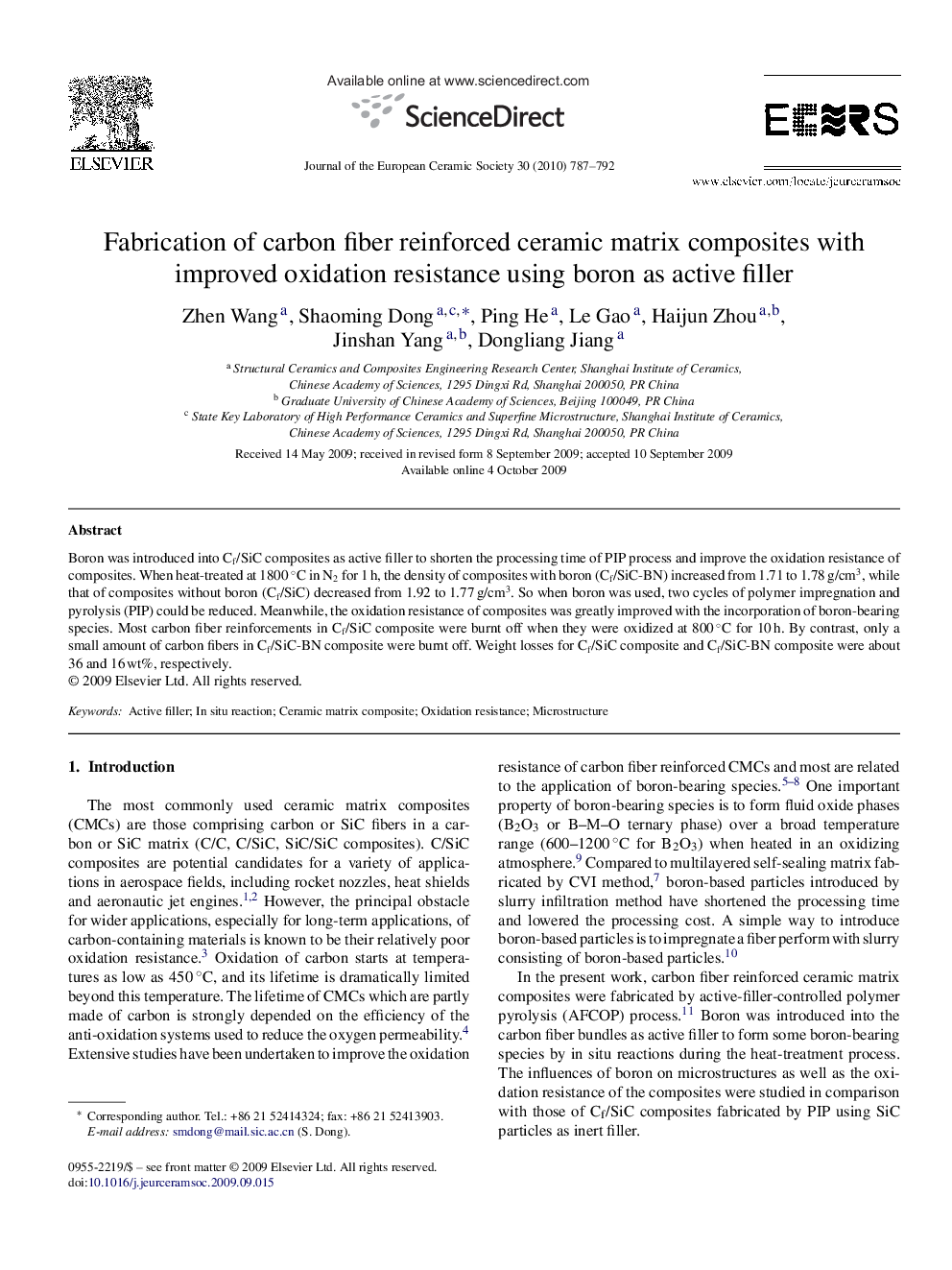 Fabrication of carbon fiber reinforced ceramic matrix composites with improved oxidation resistance using boron as active filler