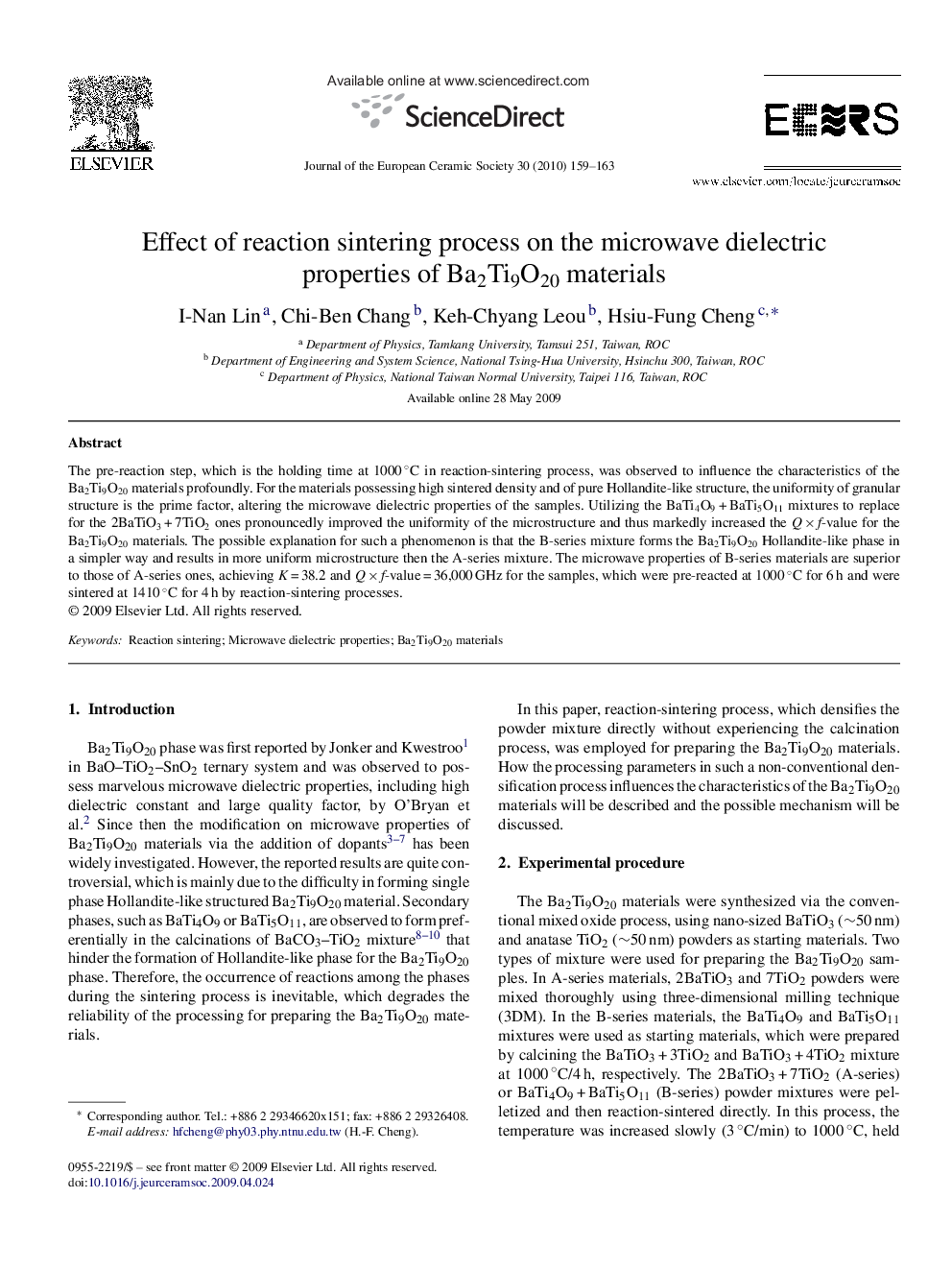 عکس صفحه اول مقاله: Effect of reaction sintering process on the microwave dielectric properties of Ba2Ti9O20 materials Effect of reaction sintering process on the microwave dielectric properties of Ba2Ti9O20 materials