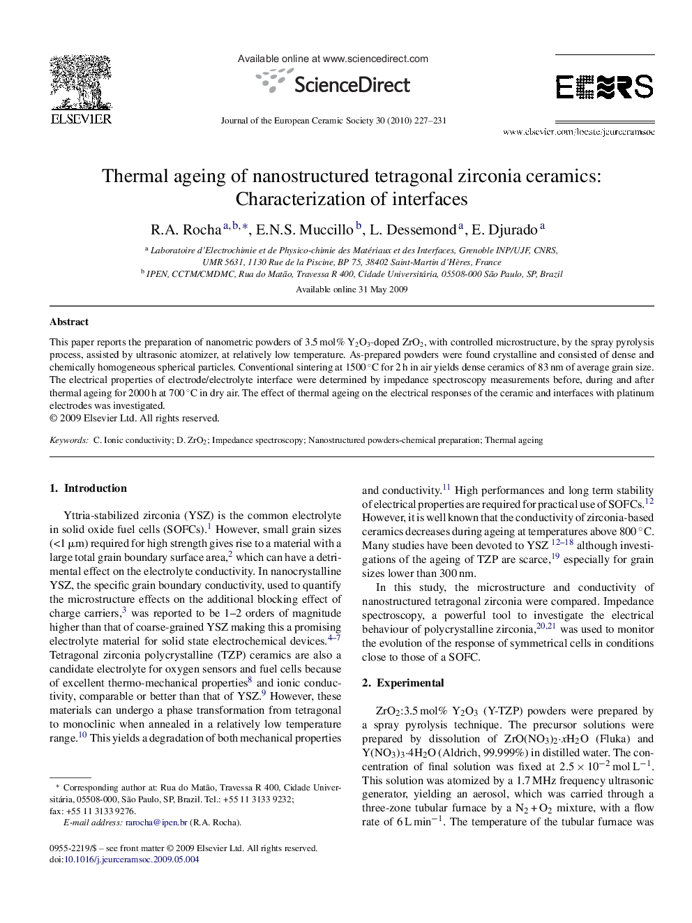 Thermal ageing of nanostructured tetragonal zirconia ceramics: Characterization of interfaces