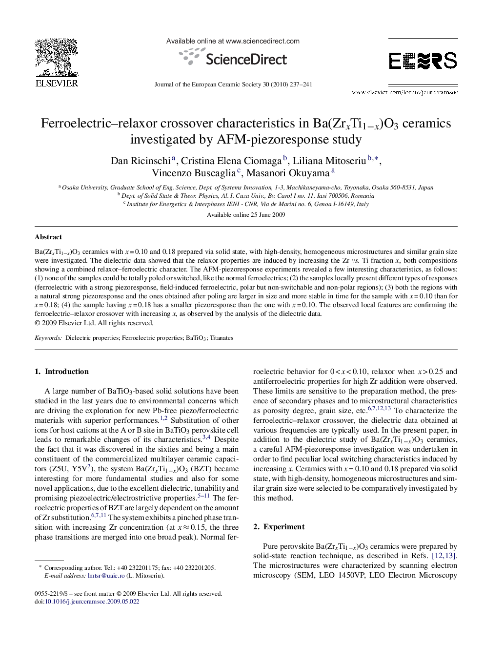 Ferroelectric–relaxor crossover characteristics in Ba(ZrxTi1−x)O3 ceramics investigated by AFM-piezoresponse study