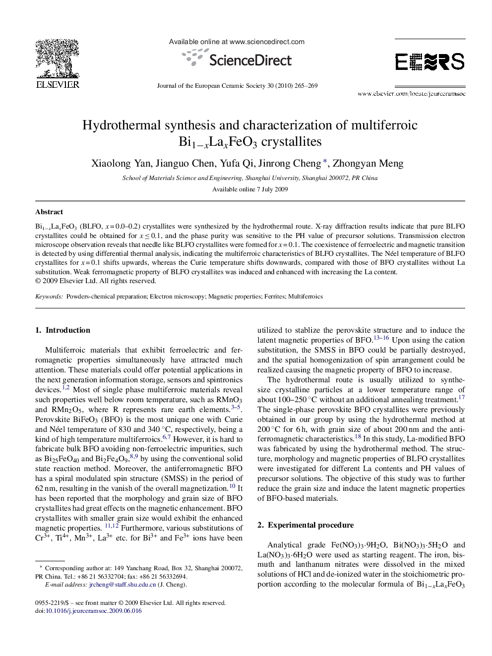 Hydrothermal synthesis and characterization of multiferroic Bi1−xLaxFeO3 crystallites