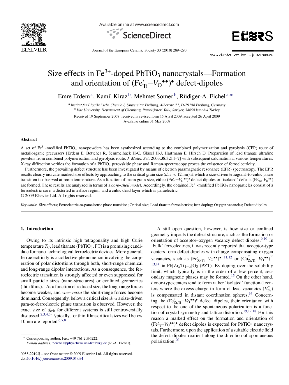 Size effects in Fe3+-doped PbTiO3 nanocrystals—Formation and orientation of (FeTi′VO) defect-dipoles